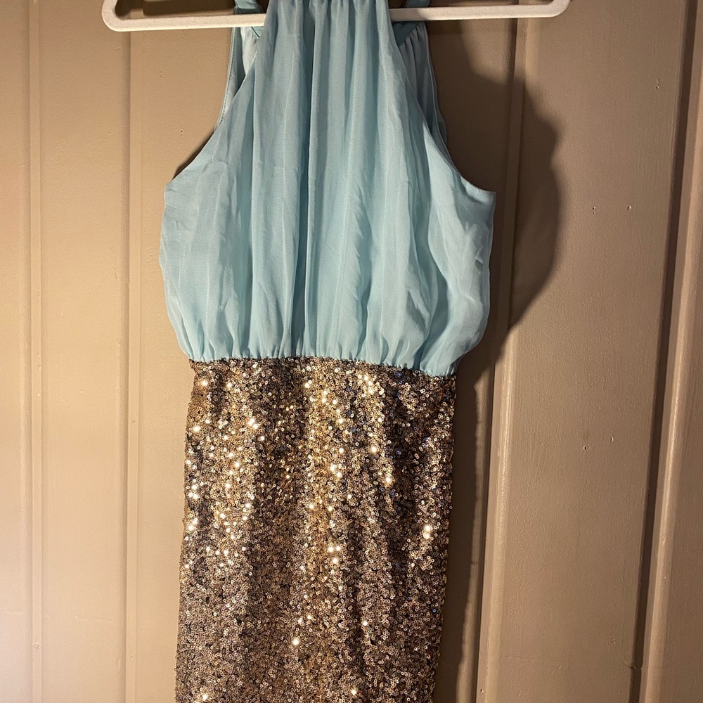 Sequin Ruched Blue and Gold Halter Dress for Prom